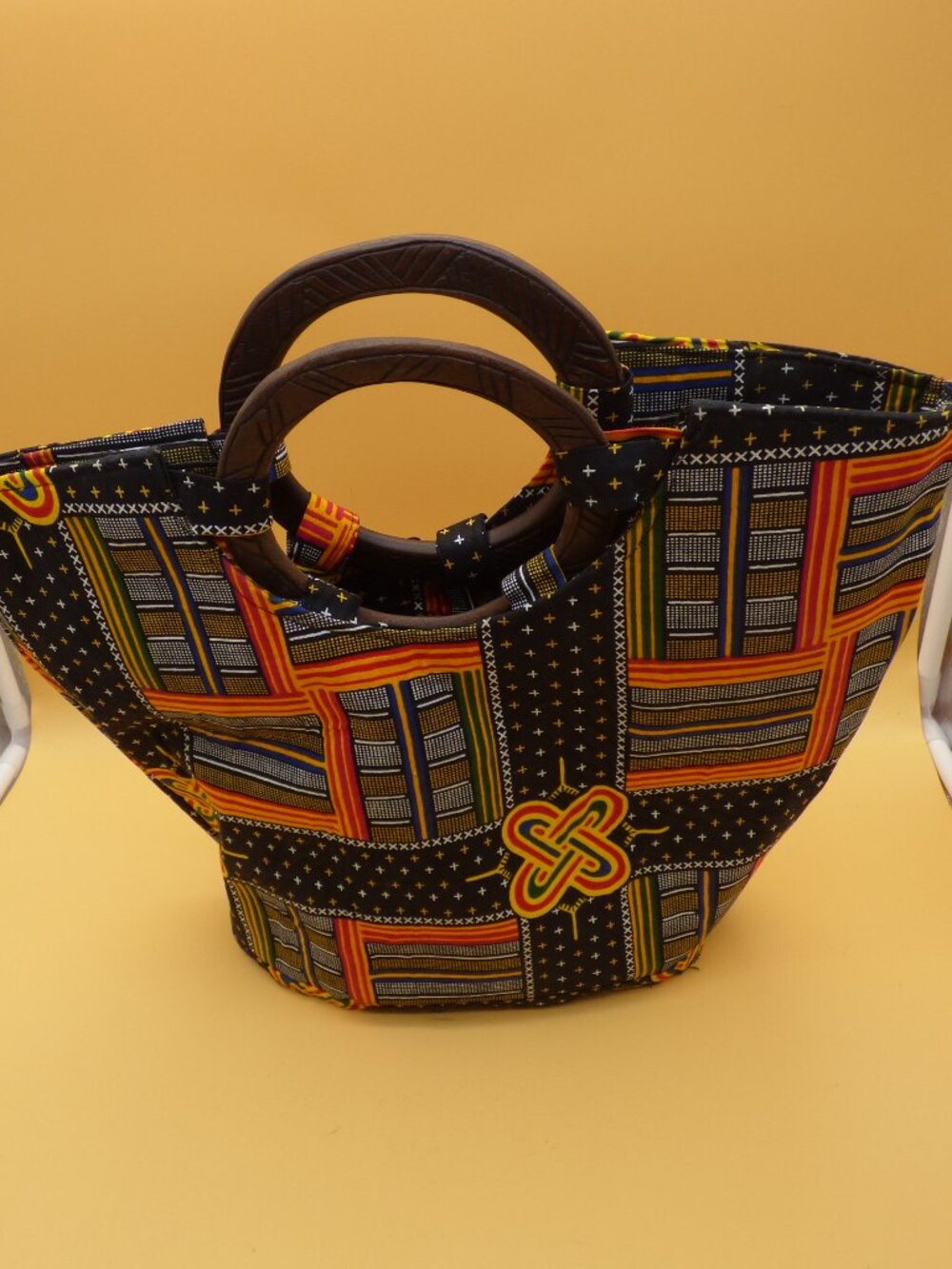 Handcrafted African Ankara Print Tote Bag with Carved Wooden Handles